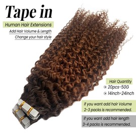 Curly Tape in Human Hair Extensions Ombre Brown to Medium Auburn Jerry Curly Hair Extensions Tape ins Extensions 18 Inch Double Sided Glue in Remy Hair 20pcs 50g for Women