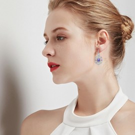 S925 Sterling Silver Colorful Geometric Crystal Drop Earrings for Women Cubic Zirconia Hypoallergenic Dangle Earrings Fine Jewelry Gift for Prom Party Wedding (Purple)