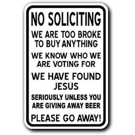 No Soliciting Metal Sign Please Go Away Sign We Found Jesus Free Beer Decor Sign For Door Home Wall 8x12inches(Q44)