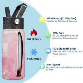BJPKPK 2 Pack Insulated Water Bottles with Straw Lids, 18oz Stainless Steel Metal Water Bottle with 6 Lids, Leak Proof BPA Free Thermos, Cups, Flasks for Travel, Sports (Blossom+Ocean)