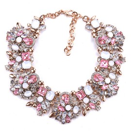 Zthread Rhinestone Bib Statement Necklace Crystal Choker Collar Necklace for Women Fashion Jewellery (Pink + White)