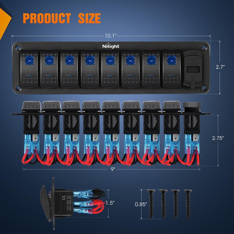 Nilight 8 Gang Rocker Switch Panel with PD Type C