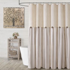 XOGUIBO Farmhouse Shower Curtain Linen Beige Button Woven Fabric Country Rustic Western, Pleated Brown Stripe 72" W x 72" L