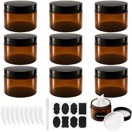 Ysimple Pack of 9 Cream Containers 120 ml, Brown Plastic Cream Jars for Filling, Empty Ointment Jars with Lid and Liner, Small Ointment Tins with Scratching Spoon/Stickers, for Cosmetics, Lotion