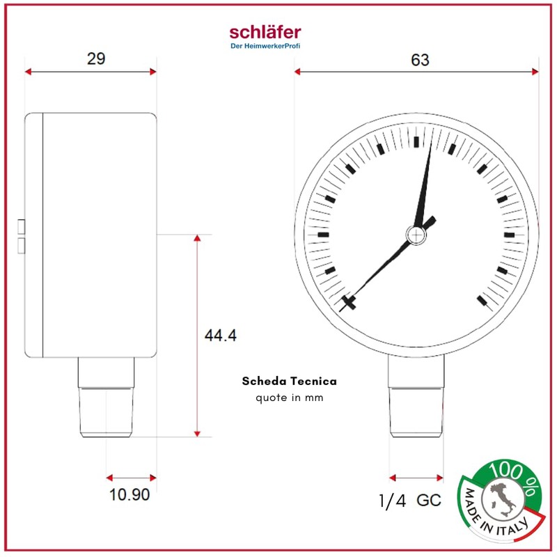 Schläfer 0930163 Hydraulic Pressure Gauge Vertical Radial Connection 1/4 Inch