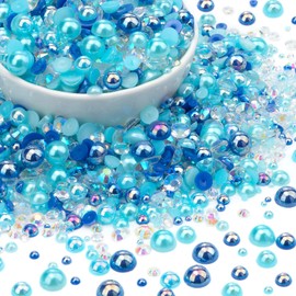 Makandup 2500 Pcs Rhinestone Light Blue Half Round Pearls Mixed Size AB Color Nail Gems Bling Flatback Gems for Nail Art Face Makeup and Craft with Pickup Pencil and Tweezer