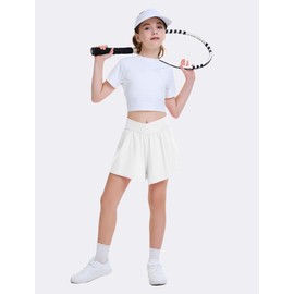 FireSwan Girls Butterfly Shorts Crossover Athletic Shorts with Pockets 2 in 1 Flowy Running Skorts for Teen, Girls, Youth White