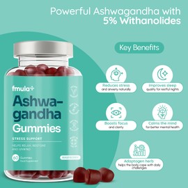 fmula+ Ashwagandha High Strength Gummies | 1200mg Organic Ashwagandha Gummies with 5% Withanolides Relaxation Stress Relief Supplements | Raspberry Flavour - Vegan - Pack of 1 (Pack of 1)