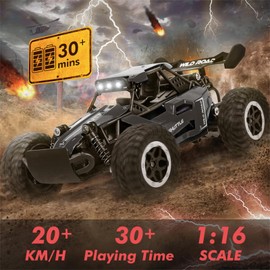 Joellfuner Remote Controlled Car, 2.4GHz 1:16 Offroad Monster RC Truck, 2WD 20 km/H RC Buggy with LED Light, Waterproof Remote Controlled Off-Road Toy Car for Children Gift from 3 Years (Black)