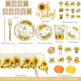 Hombae Sunflower Baby Shower Decorations for Girls, 179 PCs Sunflower Yellow Party Supplies with Plates, Napkins, Forks, Hanging Swirls, Banner, Tablecloth for Baby in Bloom Party, Serves 24 Guests