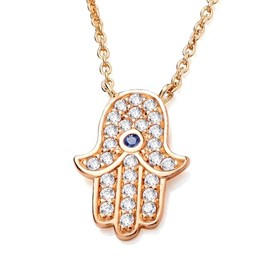 Old English Jewellers 9ct Yellow Gold on Silver Blue Sapphire CZ Hand of Hamsa Pendant Necklace 16-18 inch Chain