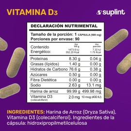 Vitamina D3 400 Ui 10mcg | Vegano, Sin Ogm | 90 Cápsulas Sabor Sin sabor