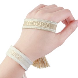 COTTVOTT 2pcs Woven Friendship Wrap Bracelet Lucky Knitted Word Braided Bracelets for Women(2pcs/NICE+FEEL GOOD)