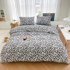 LAYENJOY Leopard Duvet Cover Set Queen 100% Cotton Black Grey Cheetah Print on White Bedding 1 Safari Comforter Cover Full with Zipper Ties 2 Pillowcases for Kids Teens Boys Girls Women