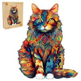 WOODBESTS Wooden Puzzle for Adults, Maine cat Puzzle (M, 190pcs, 11.7"x9.4") Beautiful Wooden Box, Wooden Jigsaw Puzzles Unique Shape, Birthday Gifts for Adults and Kids Family Game
