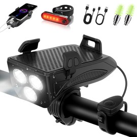 Luces para Bicicleta 4800mAh / 12000 Lúmenes con Luz Trasera Recargable, Soporte para Celular Integrado, Linterna de Bicicleta con Bocina Incorporada de 140 dB y 2 Luces de Boquilla