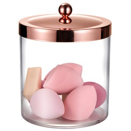 Premium Quality Apothecary Jar - 50 Ounce Large Clear Plastic Storage Container Jar with Rust Proof Stainless Steel Lid, Bathroom Vanity Countertop Storage Organizer Canister (Rose Gold)