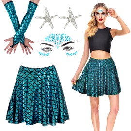 OWOAOOwl Women's Mermaid Costume, Fish Scale Skirt + 2 Pieces Starfish Hair Clip + Gemstones Face Tattoo + 1 Pair Fish Scale Gloves, for Carnival, Theme Party, Costume Accessories