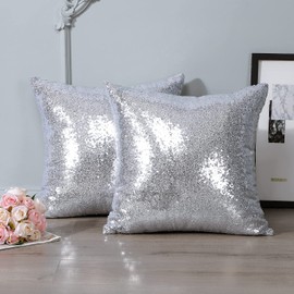 JOTOM Sequins Cushion Covers Set of 2 Luxury Comfy Satin Sparkle Throw Pillow Case Solid Color Cushion Case Square Pillow Covers Home Decor for Couch Wedding Bed Living Room Party (Silver,45x45cm)