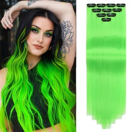 Rose bud Coloured Hair Extensions Clip in 10 pcs Straight Synthetic Hairpieces Highlights 21 Inch Grass Green Clip on Hair Extension for Women Girls Christmas Party