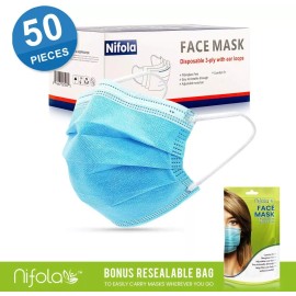 Nifola 50pcs Disposable Ear loop Nose Clip Face Mask Blue 3 Ply