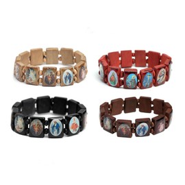 MSINMINW 4pcs Wooden Jesus Bracelet, Stretchable Wooden Small Panel Rosary Bracelet, with Images of Religious Saints Gift for Men & Women (A)