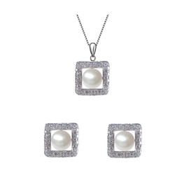 Impresionante juego de pendientes y colgantes de perlas cultivadas en agua dulce de 7,5 a 8 mm, calidad AAAA con circonita cúbica brillante en plata de ley para mujer, joyería fina de primera calidad