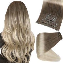 Full Shine Human Hair Extensions Clip in Seamless PU Weft Clip in Hair Extensions 12 Inch Blonde Ombre Balayage Hair Extensions Real Human Hair Color 8/60 Hair Extensions 8Pcs 100 Grams