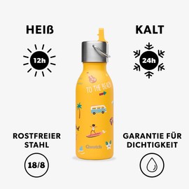 QWETCH - Stainless Steel Children's Drinking Bottle 350 ml - Kids Honlulu Yellow Pipette Lid - Insulated Bottle - Keeps Drinks Cold for 24 Hours & Warm for 12 Hours - Leak-proof & BPA-Free - Perfect