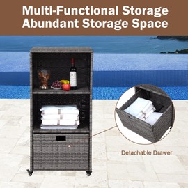 Sangsan Outdoor Pool Towel Rack - Patio Wicker Towel Storage Cabinet with Storage Shelves & Drawer, Waterproof Poolside Towel Caddy with Rolling Wheels for Hot Tub, Spa