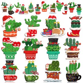 Furbeko 36 Pcs Cactus Christmas Hanging Ornaments Mexican Christmas Tree Ornaments with Rope Hanger Cactus Pots Wooden Ornament Cactus Gift Tags for Cactus Theme Party Christmas Holiday Indoor Decor