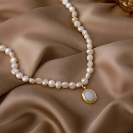 Collar De Perlas Naturales Cultivadas Para Mujer Elegante Gargantilla Dama Regalo Aniversario Cumpleaños Con Dije Simulado De Ópalo Azul