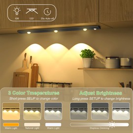 WOLDFY 3 Color Tempers Dimmable Under Cabinet Lights Wireless[2 Pack], 2000mAh Rechargeable LED Motion Sensor Lighting Indoor, Magnetic Closet Lights, Black-15.7in