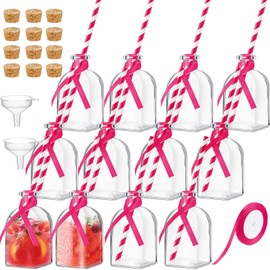 Baderke 12 Pcs Glass Patron Bottles with Cork and Straw 4 oz Mini Empty Glass Bottle for Drinks Reusable Liquor Bottles with Silk Ribbon and Funnels for Cocktail, Wedding Party