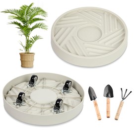 UoeRing 2 Pcs Plant Caddy with Hidden Wheels 11 Inch Heavy Duty Rolling Plant Stand, Indoor Outdoor Plant Saucer Tray with $9.9 Garden Tools (Beige)