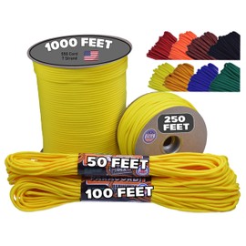 BORED? PARACORD! 550 lb Paracord - Ideal for Crafting, Camping, DIY Projects, Active & Military Outdoors - Strong Survival Rope - Tactical Parachute Cord Type III - Yellow 100 Feet