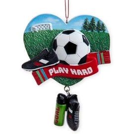 The Bridge Collection Heart Shaped Soccer Ornament with Dangling Soccer Cleats - 4" "Play Hard Christmas Ornament for Soccer Player Featuring Cleats, Soccer Ball & Water Bottle