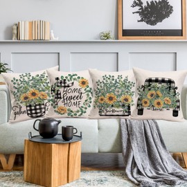 Easternproject Green Leaves Yellow Sunflower Pillow Covers 22x22 Inch Black White Buffalo Plaids Truck Home Sweet Home Decor Throw Pillow Cases Set of 4 Summer Plants Gather Together Pillows
