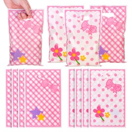 JamboRella 40PCS Pink Cat Party Favor Bags with Bow and Floral Design, Plastic Cute Cartoon Goodie Candy Gift Bags with Handles for Birthday, Baby Shower Party Supplies Decor