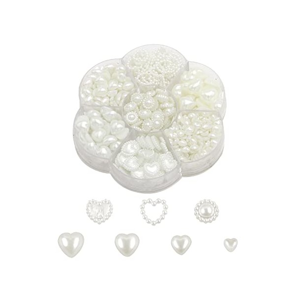 Pearl Heart Nail Charms,1Box About 460 Pieces Mixed White Flat Back Imitation Pearl Nail Art Charms,3D Sun Flower Love Heart Pearls for Crafts DIY Manicure Accessories