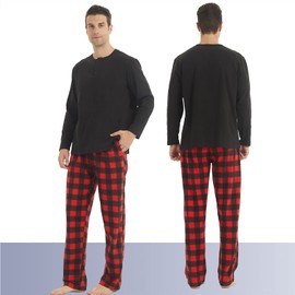 YUSHOW Matching Pajamas for Couples, Plaid Pajamas Set for Women and Men, Soft Warm Fleece Shirt and Pants Sleepwear Set, Black/Red/Black Checked