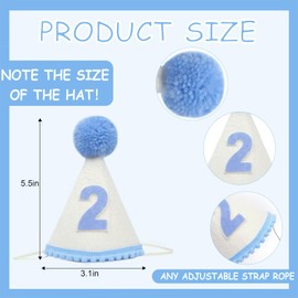 Hshenjhu Party Hats Birthday, Birthday Hats with Pompom and Numbers 2, Reusable Cone Party Hats, Birthday Hat Children Decoration, for Children Adults and Puppy Cat House, Blue