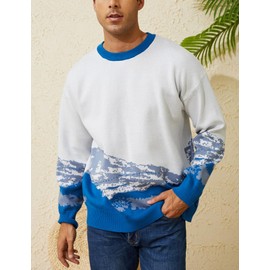 Arssm Mens Vintage Sweater Grandpa y2k Oversized Casual Cable Knit Sweater Pullover Graphic Crewneck Tops(Blue-XL)