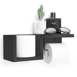 Wooden Black Toilet Paper Holder with Shelf - Wall Mount Farmhouse Toilet Paper Holder Storage Rack for Tissue Rolls, Rustic Bathroom Washroom Decor Black