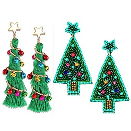 NVENF Christmas Earrings for Women Xmas Bow Wreath Earrings Long Tassel Christmas Tree Earrings Festive Gifts for Women Holiday Accessory (Style D)