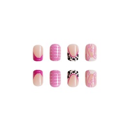 LBPEPAMZ French Tip Press on Nails Short Duck False Nails Pink Swirl Fake Nails Black Cow Print Glue on Nails Glossy Pink Full Cover Acrylic Nails for Women Manicure Nail Decor 24 Pcs