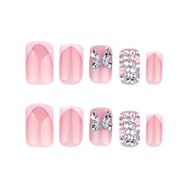 French Tip Press On Nails Medium Square Shape Pink Fake Nails with 3D Bow Rhinestones Designs Cute French Tip Nails Press Ons False Nails Glossy Full Cover Summer Acrylic Glue Stick On Nails for Women