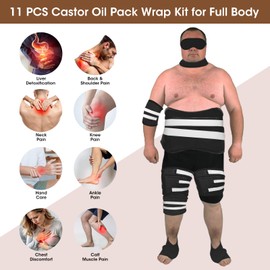 11 PCS Castor Oil Pack Wrap for Men, Black Castor Oil Wraps Entire Body Plus Size for Eyes Stomach Knees Legs Feet, Flannel Cotton, Adjustable Straps, Reusable, Machine Washable