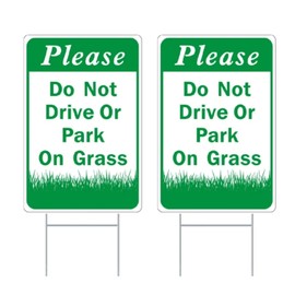 Please Do Not Drive or Park on Grass Yard Sign,8x12 Double Sided Coroplast with Stake for Yard Green (2 Pack)