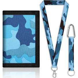 JONYEE Kids Wallet for Boys and Girls 4-16 with Lanyard and Key Chain Holder, Trifold Camo and Cute Wallets for Kids,with Coin and Card Pockets, Novelty Birthday Gifts for Childrens(Camo Blue)